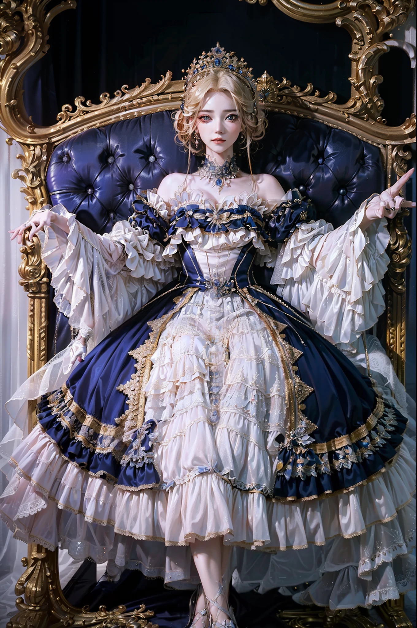 ((top-quality、​masterpiece、photographrealistic:1.4、in 8K))、Blonde Beauty、delicate and beautiful face、（Luxury dresses in the style of medieval Europe、Princess）、Luxury accessories、European-style castle、Cinematic lighting、Textured skin、Super Detail、high detailing、High quality、hight resolution