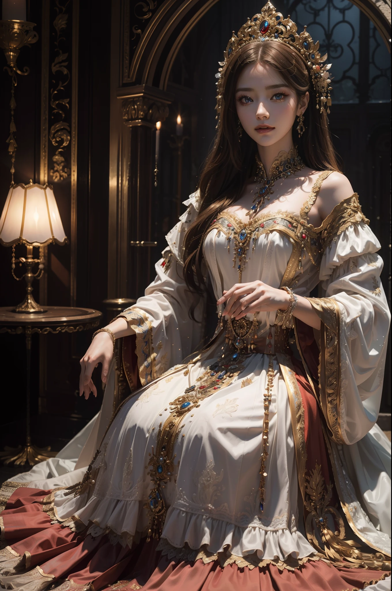 ((top-quality、​masterpiece、photographrealistic:1.4、in 8K))、1 beautiful detailed girl、extremely detailed eye and face、beatiful detailed eyes、（Complex luxury red dress in medieval European style）、Luxury accessories、Elegant smile、natta（Set in a luxurious room in the castle。Hair swaying in the wind and a dress complement her noble vibe。）、Cinematic lighting、Textured skin、Super Detail、high detailing、High quality、hight resolution、（looking at the viewers）、