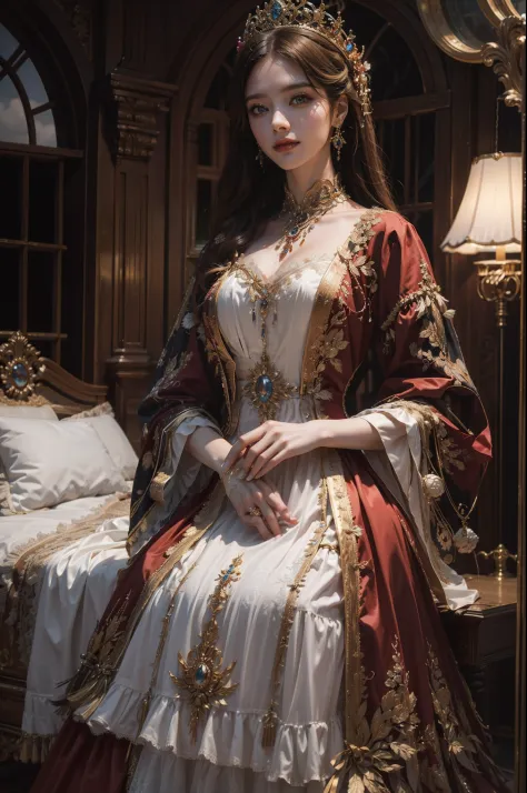 ((top-quality、​masterpiece、photographrealistic:1.4、in 8K))、1 beautiful detailed girl、extremely detailed eye and face、beatiful detailed eyes、（Complex luxury red dress in medieval European style）、Luxury accessories、Elegant smile、natta（Set in a luxurious room...
