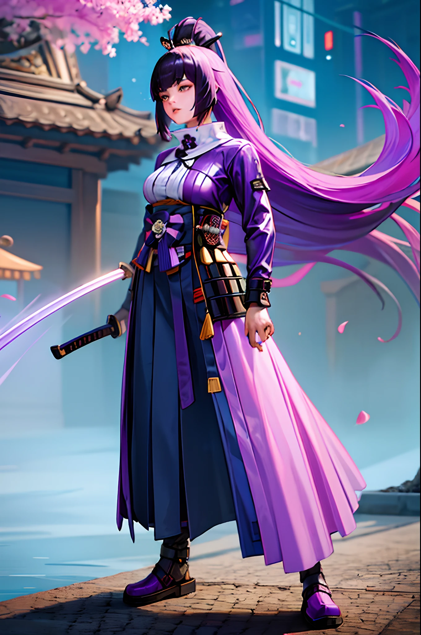 Female 25 old years, beautiful face, Long hair, Holding a sword, facing forward, Standing, Wears a purple samurai style costume, photorealistic, masterpiece, fix hands