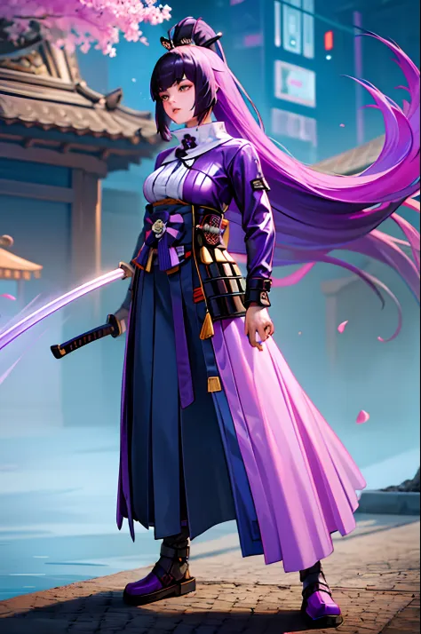 female 25 old years, beautiful face, long hair, holding a sword, facing forward, standing, wears a purple samurai style costume,...