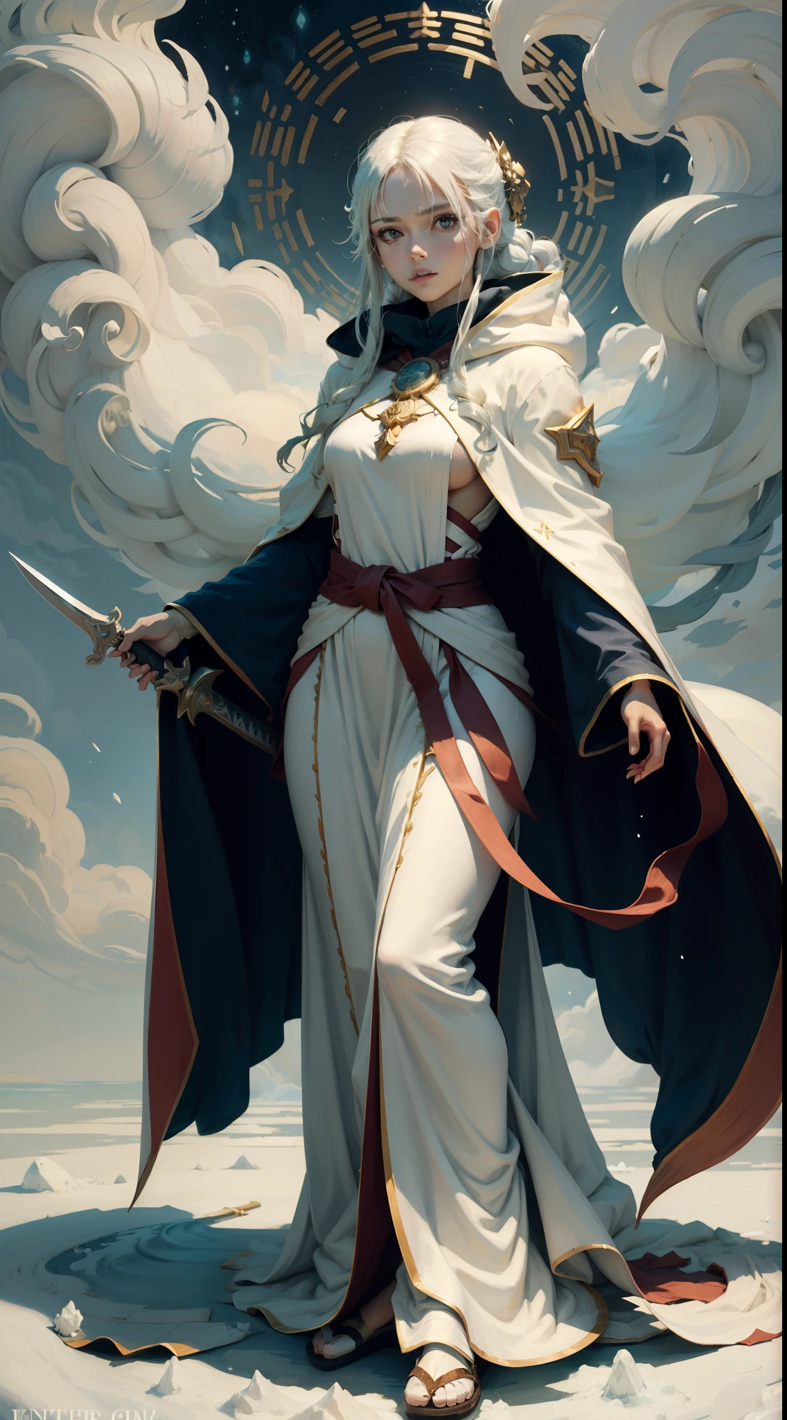 highest masterpiece，richcolors，ethereal anime，White-haired god，anime style like fate，absurderes，hairstyle fax，Eyes，The environment changes，hairstyle fax，As estrelas，charturnbetalora，((4K,Masterpiece,Best quality))，Anime girl in white dress with sword in snow, down view，flowing magical robe，ethereal anime，wearing a long flowing robe, Beautiful celestial mage，Flowing white robe，cotton cloud mage robes, Wearing a flowing cloak, Beautiful fantasy anime with flowing robes，claymore anime background，Black Mage，mistic，shadowy，Sign the deed，Some bizarre light，Mysterious visions