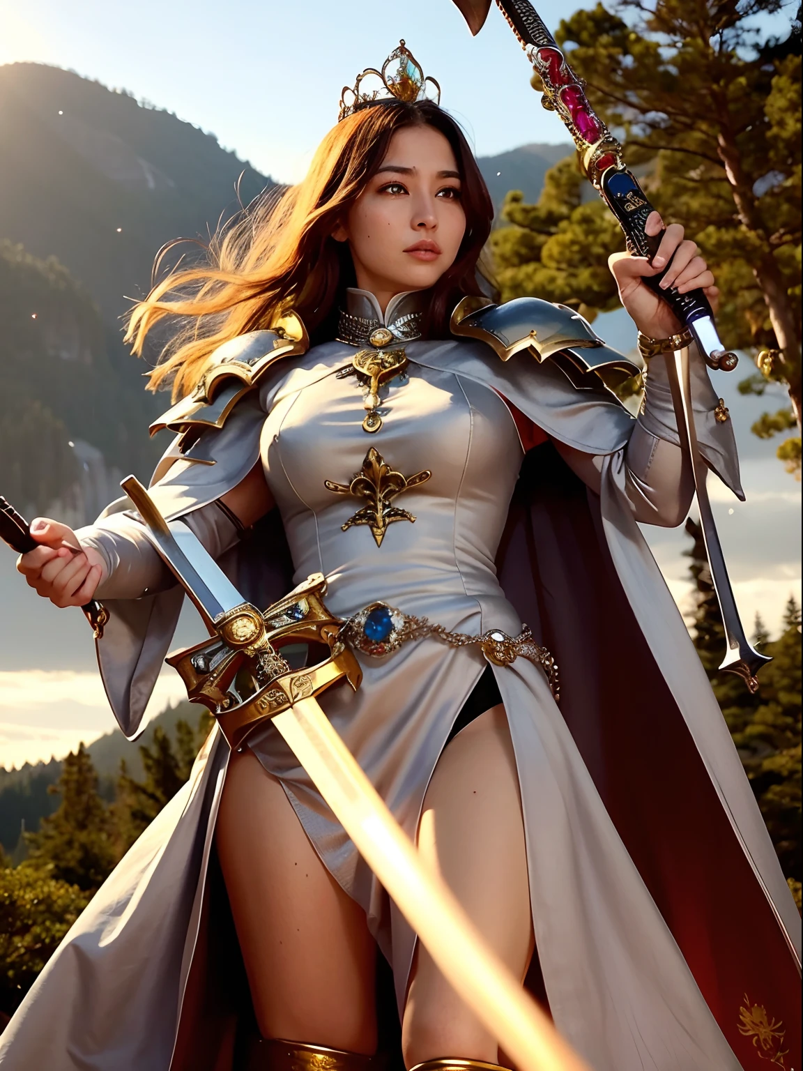 Professional , ​masterpiece、top-quality、photos realistic , depth of fields （Gemstone Silver Metal Body:1.９),(Matte Silver、Jewel Gold Weapon、（Gorgeous castle background）、Holding the Sword of Heroes、（Jewel White Metal Body:1.４),（（Gorgeous Jewel Metal Weapons）） , Fighting、（（Holding the Sword of Heroes）） ,（close-up，dream magical，tornado ）   ,(Micro Bikini Armor),warhammer 40k , adepta sororitas,Detail and ornate jewel crown、Brown hair、Mystical expression、（Gangle's forest background）、１a person、dynamic ungle,(((Diamond tiara with detail and luxury)))、a small face、A smile、Powerful poses、（Gorgeous castle background）、huge filesize、20 year old beautiful woman、Thin female fingers、Straight long hair、Beautiful Japan person々The beauty of、Mystical expression、Lightly open your mouth、,Luminescent particles,light scattering,Tindall Effect、Fighting、Twin tail hair、