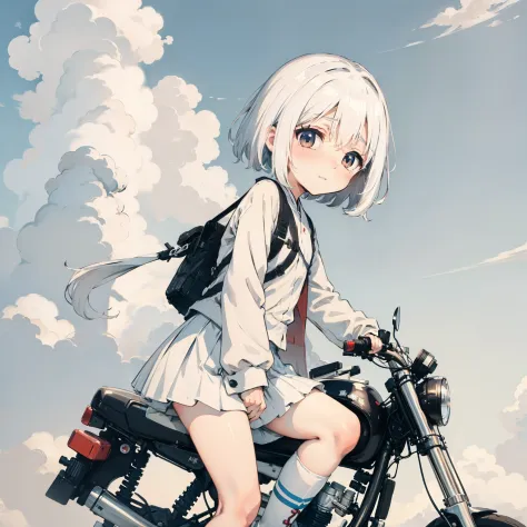 White clouds，one-girl，Loli,elementary student，Ride on a helicopter，独奏, (with short white hair:1.2),