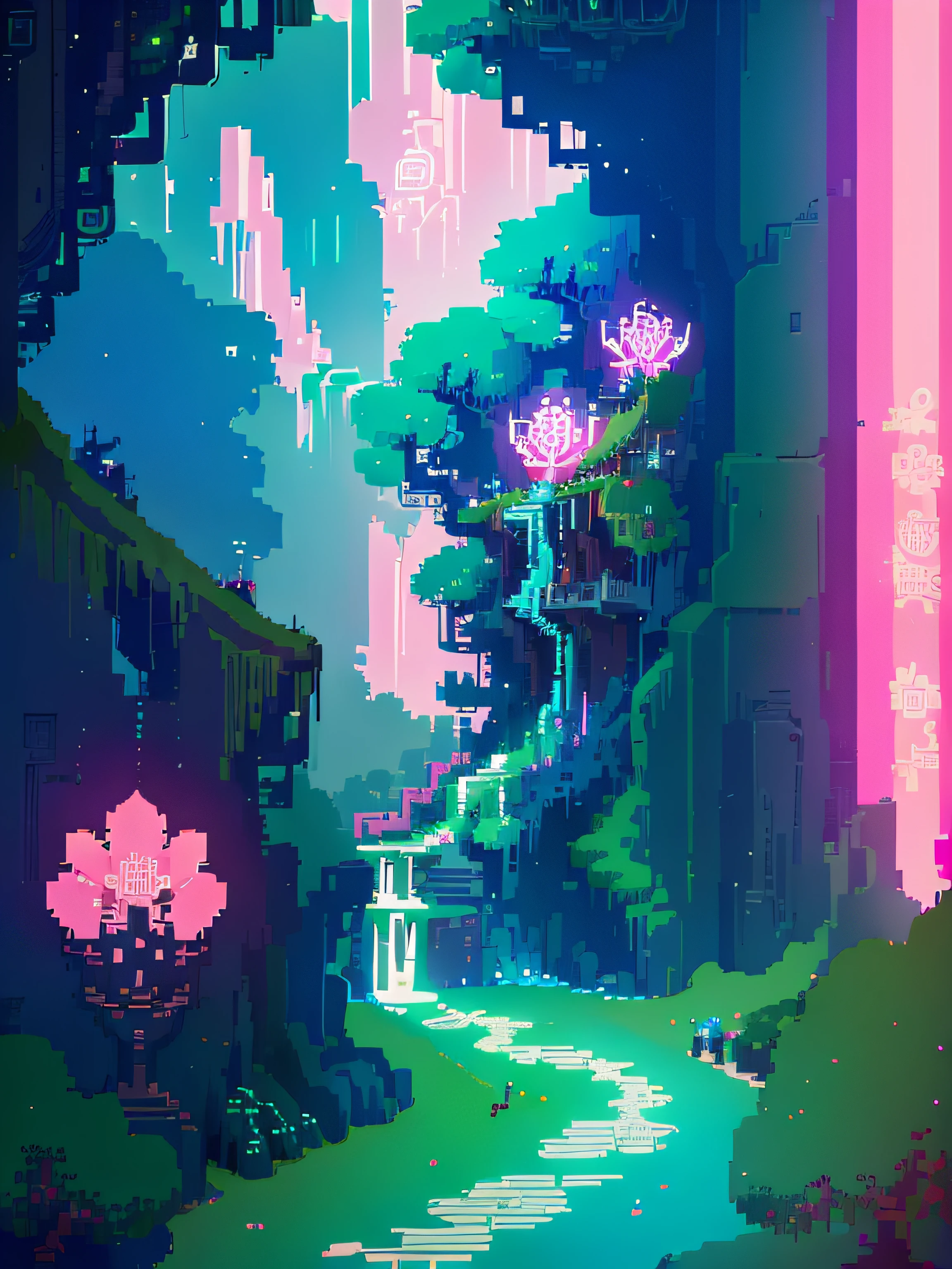 "Enchanting forest with vibrant flowers, towering ancient mecha, diverse wildlife and birds, cascading waterfall, intricate art nouveau architecture, technologically advanced temple, vibrant neon colors, inspired by the HLD style."