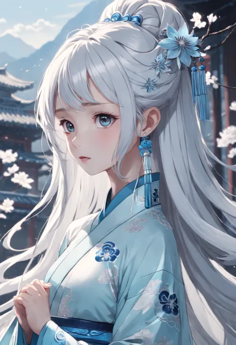 A girl dressed in traditional Chinese Xiu Han clothes，Wearing an ice flower hair ornament，silver-white long hair，The eyes are light blue，Pale skin。Her face was grim，Sharp eyes，Elegance，Slender figure，Immortal qi emanates。