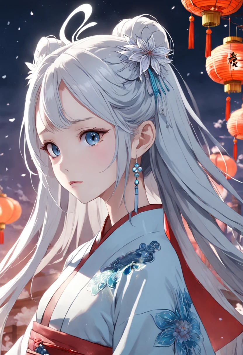 A girl dressed in traditional Chinese Xiu Han clothes，Wearing an ice flower hair ornament，silver-white long hair，The eyes are light blue，Pale skin。Her face was grim，Sharp eyes，Elegance，Slender figure，Immortal qi emanates。