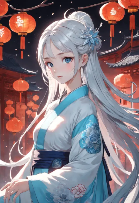 A girl dressed in traditional Chinese Xiu Han clothes，Wearing an ice flower hair ornament，silver-white long hair，The eyes are light blue，Pale skin。Her face was grim，Sharp eyes，Elegance，Slender figure，Immortal qi emanates。
