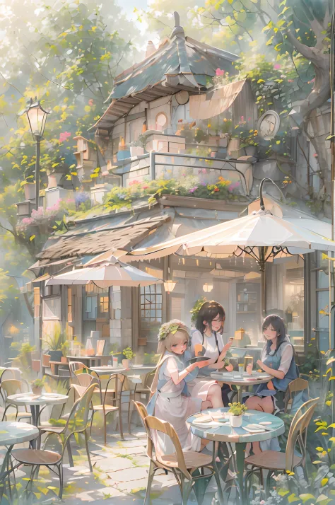 Talking happily in a café。