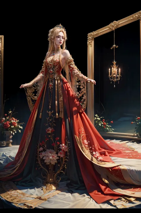 ((top-quality、​masterpiece、photographrealistic:1.4、in 8K))、Blonde Beauty、delicate and beautiful face、（Luxurious red dress in med...