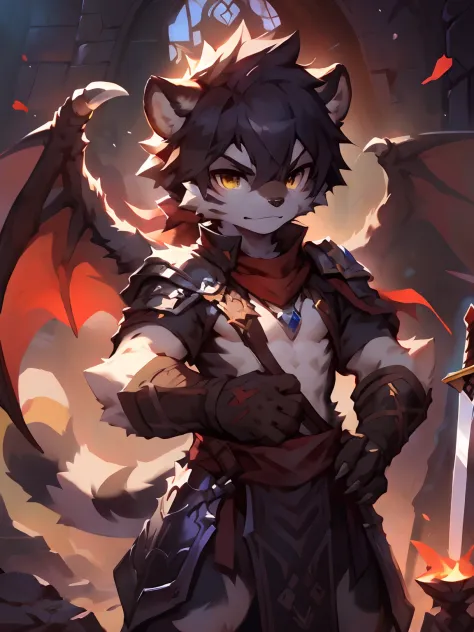 Confident young male dragon cub knight stands proudly in the medieval throne room. He has red scales, A long tail, The wings folded on his back, Wearing shiny silver armor，It is decorated with flames. The dragon holds the sword with both claws，The sword po...