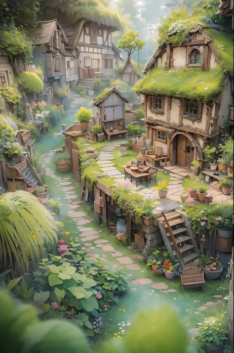 background////little hobbit village. they live in houses that blend in with the soil and vegetation. character //(hobbit kids pl...