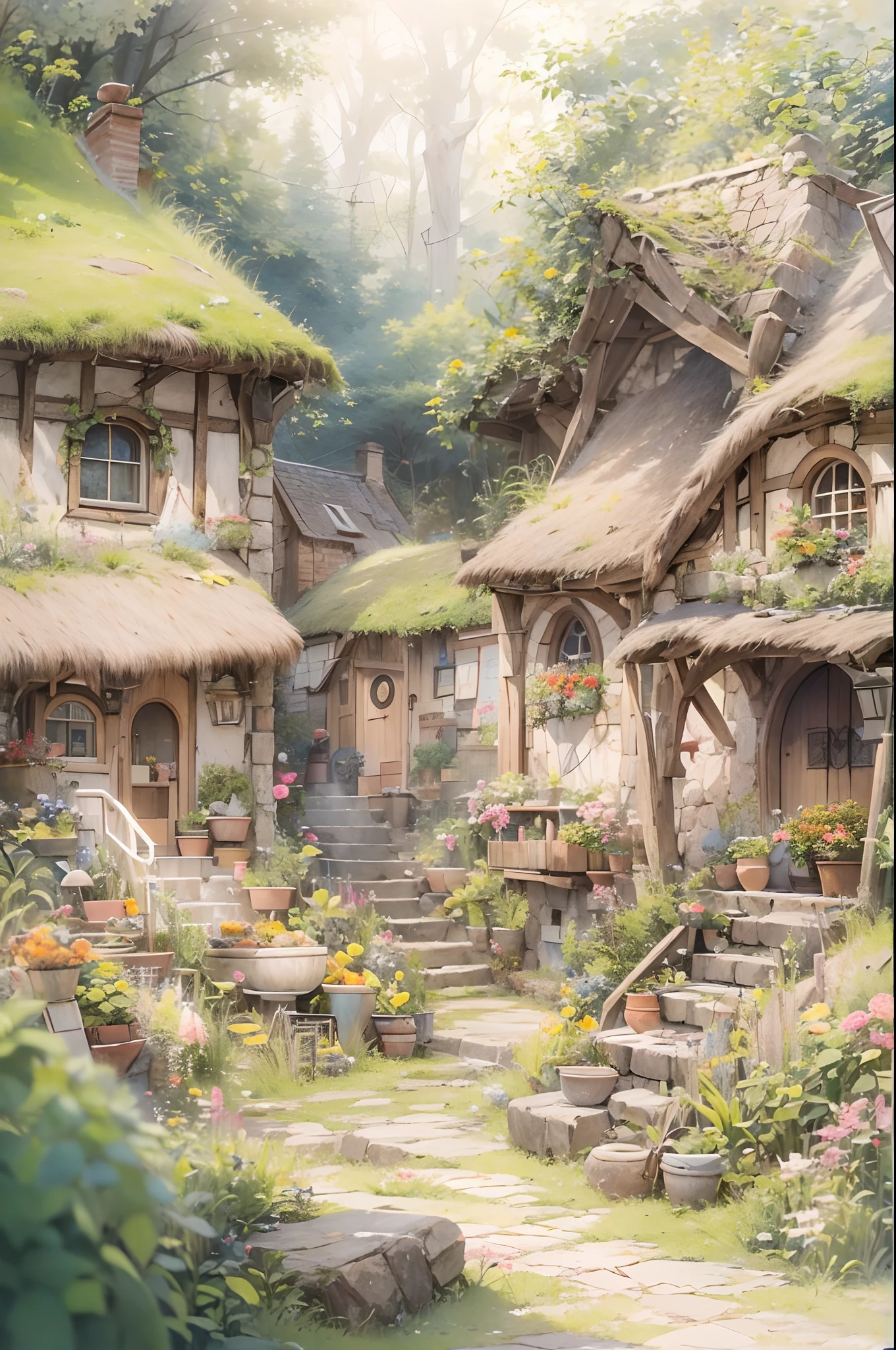 Background////Little Hobbit Village. They live in houses that blend in with the soil and vegetation. Character //(Hobbit kids play、Adults are busy preparing dinner:1.8）,effect///Fluffy pastel colors.fine brushes,（XF 35mm F1 key.4 R,F1.4,Maximum aperture (E.G. In the photo),become blunt:1.5） Rough, detailed watercolour, soft and fantastic, pastel, Fluffy, (extremely fine and beautiful), (Perfect Detail)、(pastel color),Soft texture:1.2.(masutepiece, Best Quality), (finely detailed beautiful eye), (finely detailed  eyes and detailed face),The tones are also visibly luminous.Pale blurred contours,Unobtrusive lighting, moody atmosphere,subtle highlights