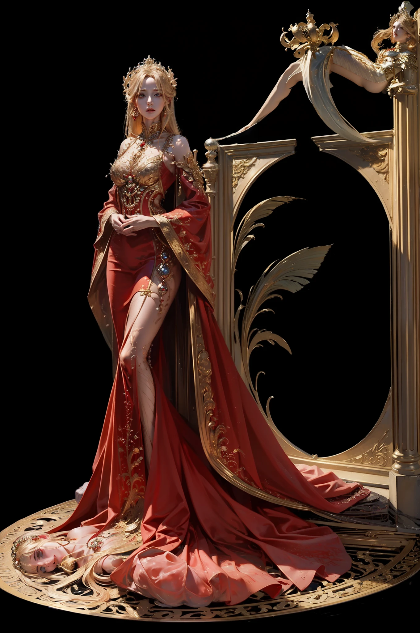 ((top-quality、​masterpiece、photographrealistic:1.4、in 8K))、Blonde Beauty、delicate and beautiful face、（Luxurious red dress in medieval European style、Princess）、Luxury accessories、European-style castle、Cinematic lighting、Textured skin、Super Detail、high detailing、High quality、hight resolution