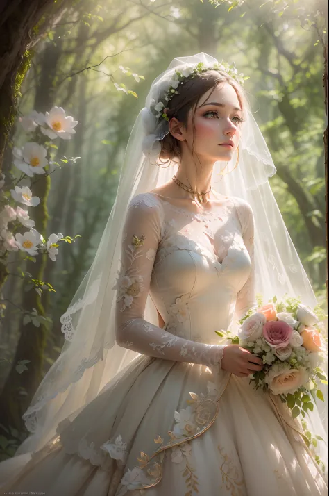 (Taken from head to toe, artistic angle: 1.6)、Portrait of a bride, with layers of A-line ruffles and delicate floral and pattern...