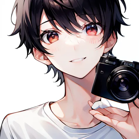 1boy, black hair,White shirt,smile, holding camera