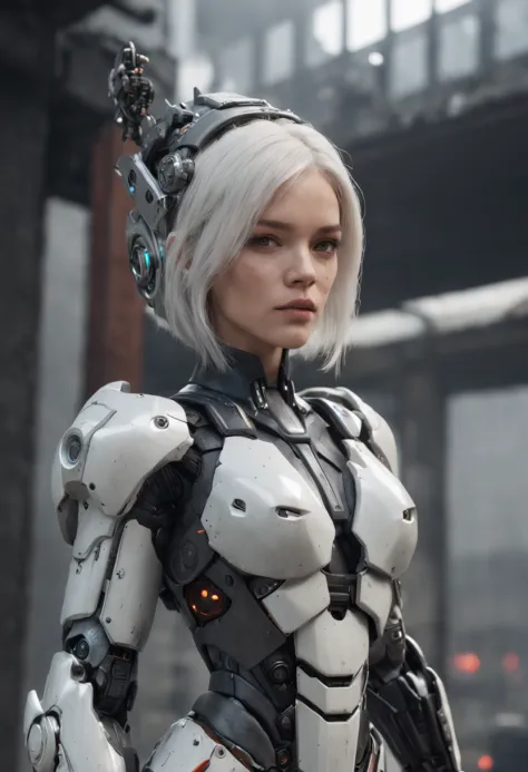 Rihanna with a white short hair, ((Best Quality)), ((Masterpiece)), (Very Detailed:1.3), 3D, Shitu-mecha, Beautiful cyberpunk woman wearing a crown with her mecha in ruins of a city of forgotten wars, streets with mecha in firefight, long silver hair, sci-...