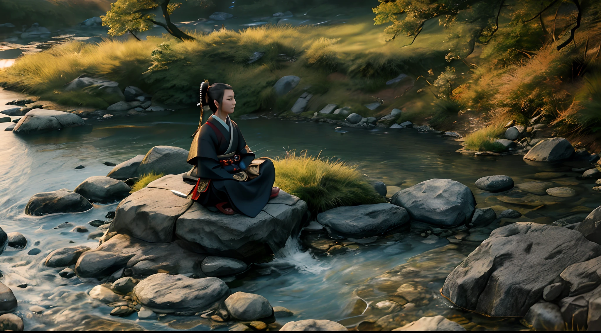 Beautiful Samurai, Meditating sitting, on the edge of a river full of stones, at sunset, ultra realistic photo, perfect face details, good skin texture, perfect shadows and light, award winning photo