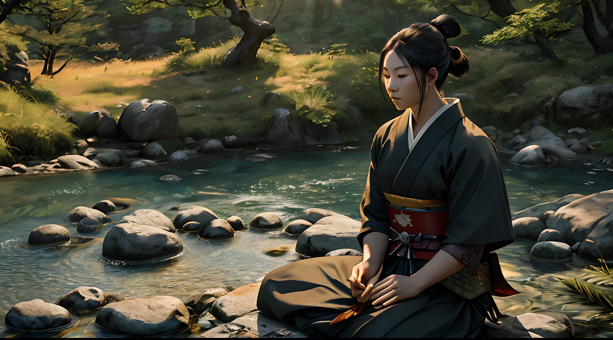 Beautiful Samurai, Meditating sitting, on the edge of a river full of stones, at sunset, ultra realistic photo, perfect face details, good skin texture, perfect shadows and light, award winning photo