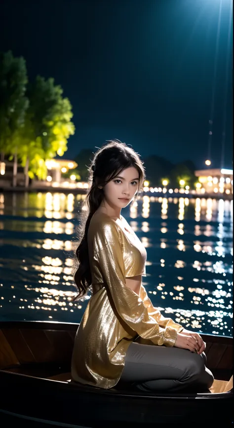 Quiet nights，1 Girl sitting on a boat by the lake，The lake is sparkling，Reflect the beauty of the starry sky。She sat quietly，Feel the ripples and breeze of the lake，calm mood。