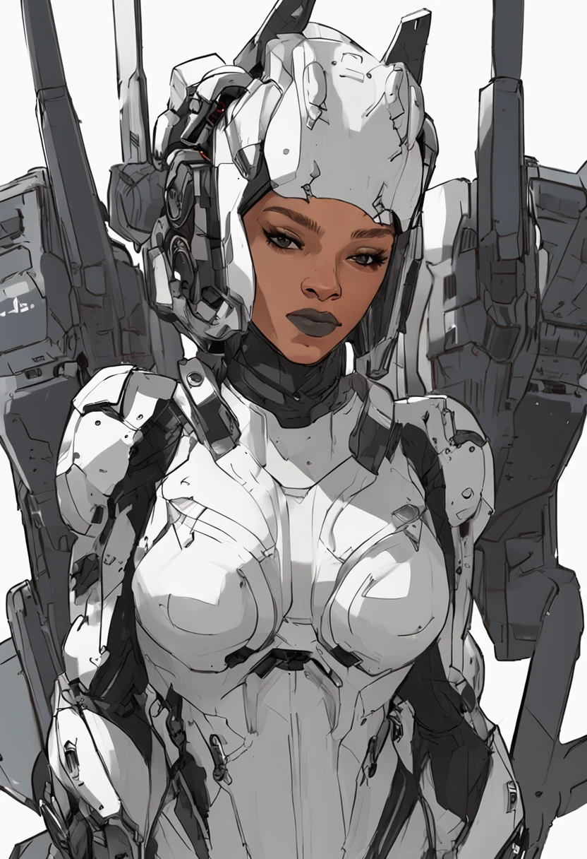 Rihanna with a white short hair, white mecha suit + black armor with ...