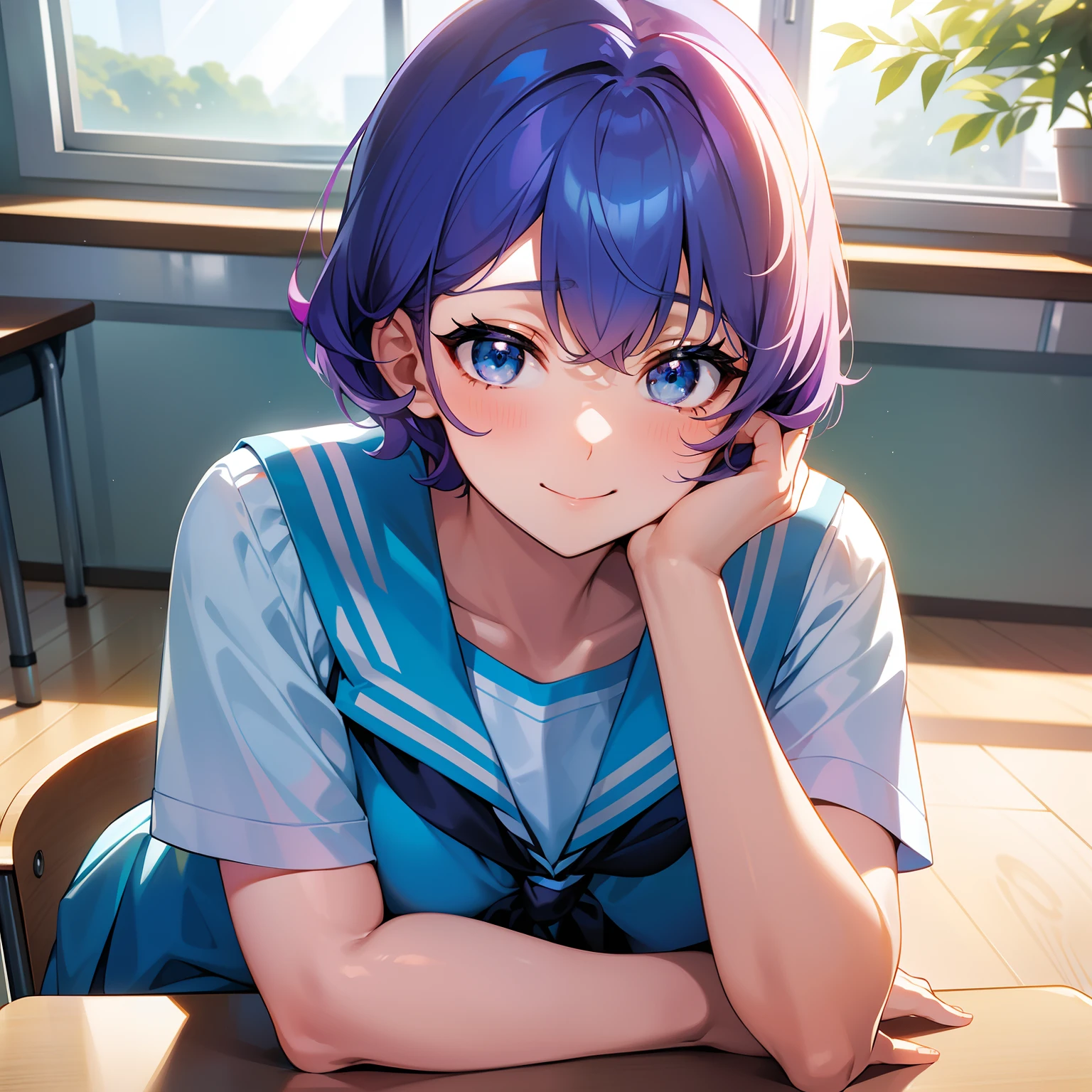 Blue-orange curls are curved inward，It belongs to short-haired，Wearing cute light purple and light green teacher clothes，There is a strong sense of freshness and freshness,girl with,serafuku,hands on one's face,Elbows on the desk,Sit up,‎Classroom,sunlights,window,see the beholder,a smile