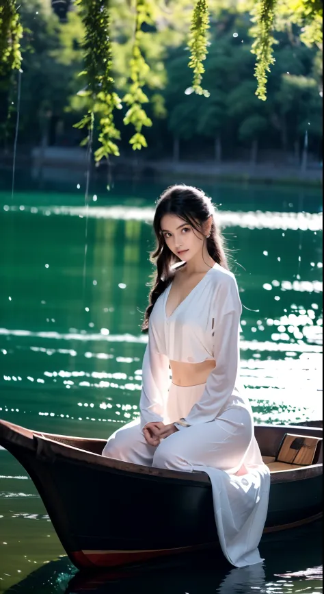 Quiet nights，1 Girl sitting on a boat by the lake，The lake is sparkling，Reflect the beauty of the starry sky。She sat quietly，Feel the ripples and breeze of the lake，calm mood。