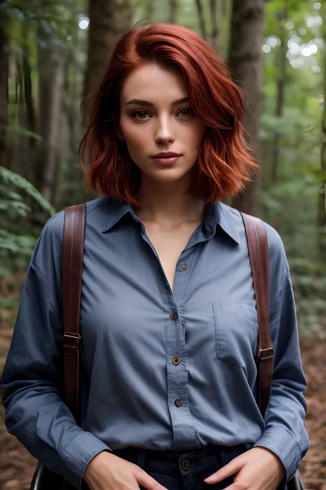 A photo of a pretty woman with loose red hair, posing in a forest, bored, She wears a button-down shirt and pants., mascara, , (...