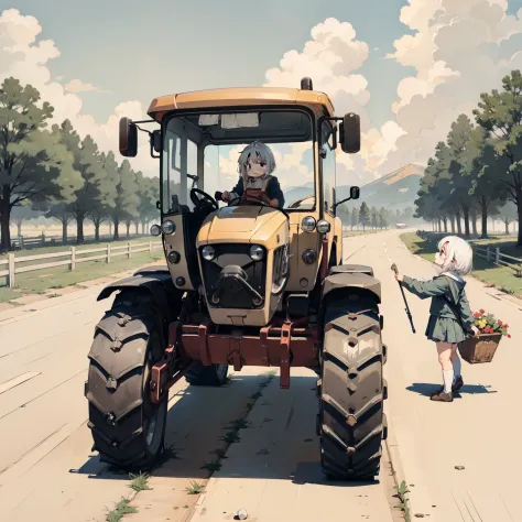 white clouds，loli,elementary student，a little girl driving a tractor，独奏, (with short white hair:1.2),