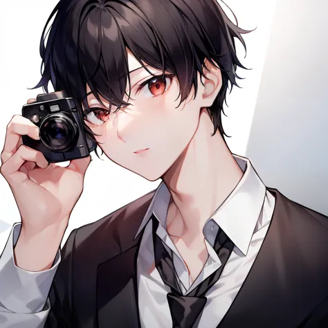 1 boy,black hair,White shirt wear a tie,Two hands holding a camera