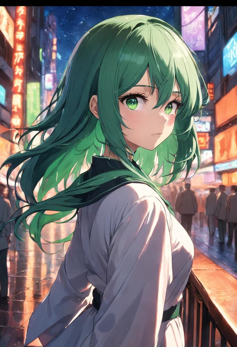 Chica anime con cabello verde y ojos verdes parada en una acera. - SeaArt AI