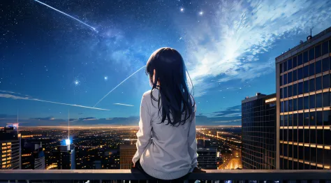 octans, sky, star (sky), scenery, starry sky, night, 1girl, night sky, solo, outdoors, building, cloud, milky way, sitting, tree...