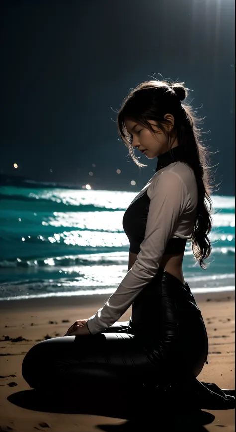 Quiet nights，1 Girl sitting on the beach，Looking out into the ocean in the distance，Thoughts abound。The waves gently lapping against the sand，The sea under the stars is sparkling，It's like a giant mirror。