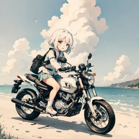 white clouds，loli,elementary student，a little girl driving a motorcycle，独奏, (with short white hair:1.2),