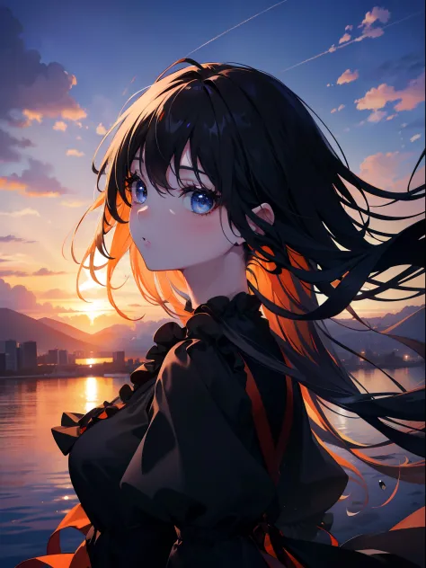 (Masterpiece, Best quality, ultra high resolution),1girl,black hair, above the clouds, sunset, beautiful and detailed face, detailed eyes,black dress,ruffled dress,(gray blue orange theme)