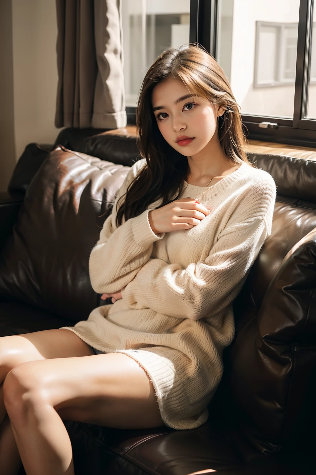 1girl,sitting on a cozy couch,crossing legs,soft light