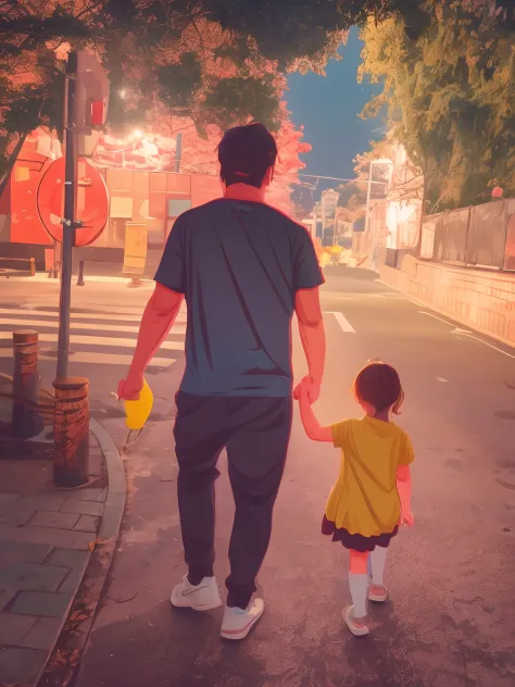 （Father and daughter holding hands，Street walks）Cute cartoon character，Cartoon costumes，style of anime，Cinematic lighting，hyper ...