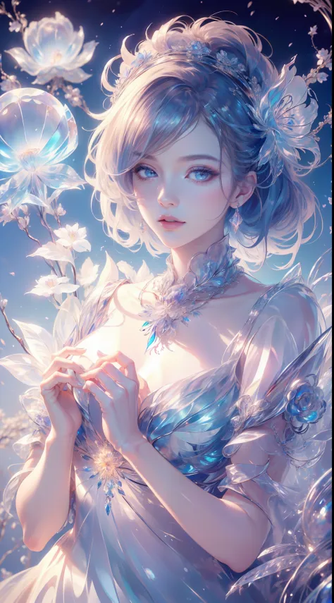 tmasterpiece，Highest high resolution，((magic orb))，Dynamic bust of beautiful aristocratic maiden，Blue hair is elegantly coiled，（(Wearing a huge flower crown、jewelery，adiamondnecklace))，Purple clear eyes，(((The hair is covered with beautiful and delicate fl...