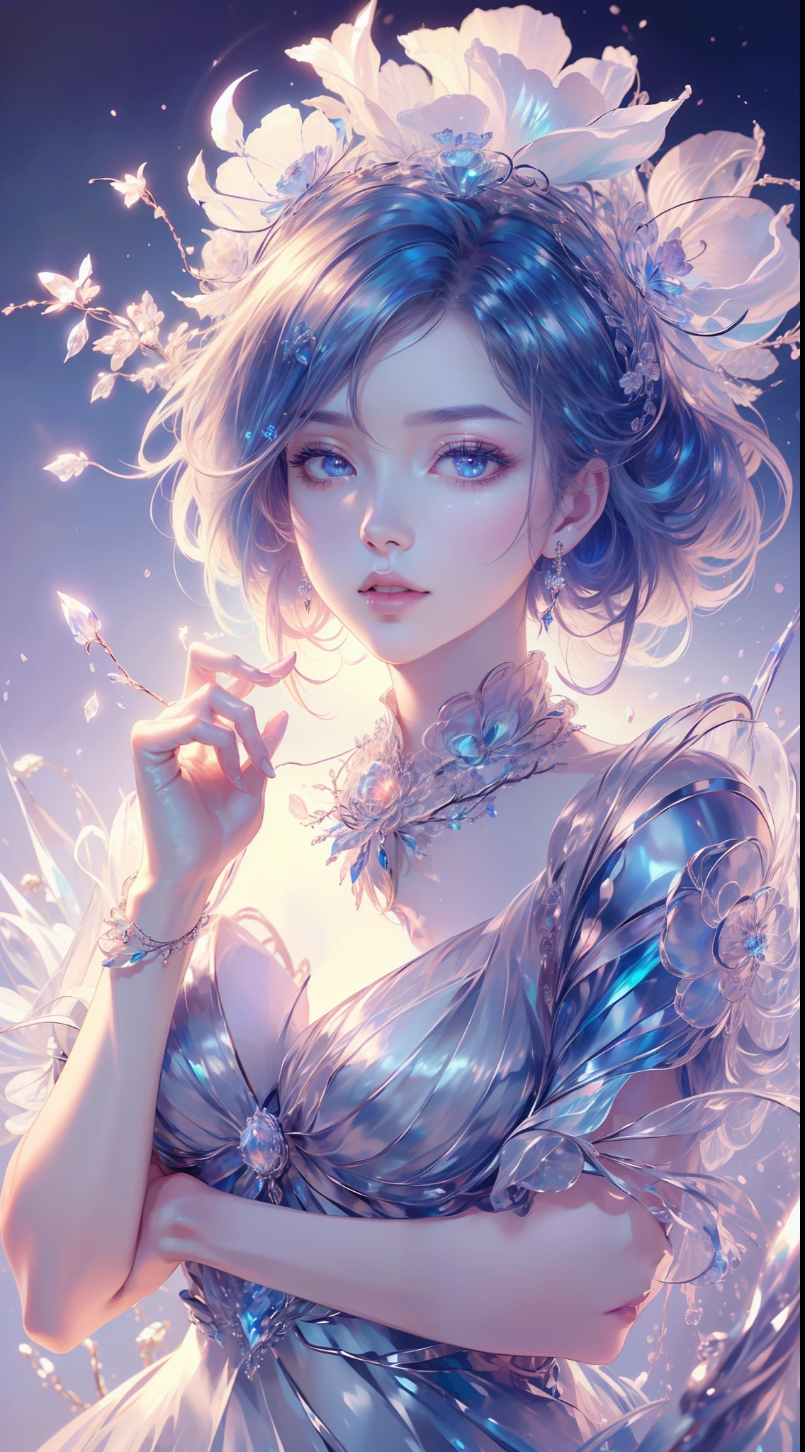 tmasterpiece，Highest high resolution，((magic orb))，Dynamic bust of beautiful aristocratic maiden，Blue hair is elegantly coiled，（(Wearing a huge flower crown、jewelery，adiamondnecklace))，Purple clear eyes，(((The hair is covered with beautiful and delicate floral craftsmanship, Crystal jewelry filigree)))，Ultra-detailed details，upscaled，The earth rises。