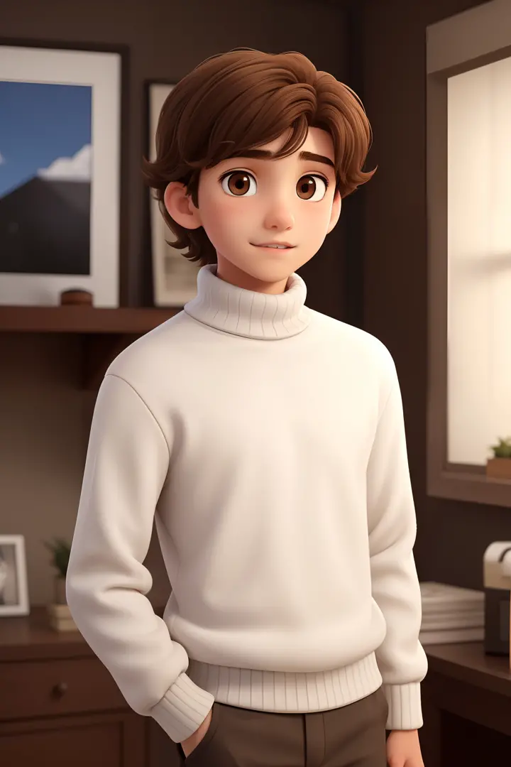 A young man of 14 years old, with brown disheveled hair, cute face, boxy face, and brown eyes, wearing white turtleneck.