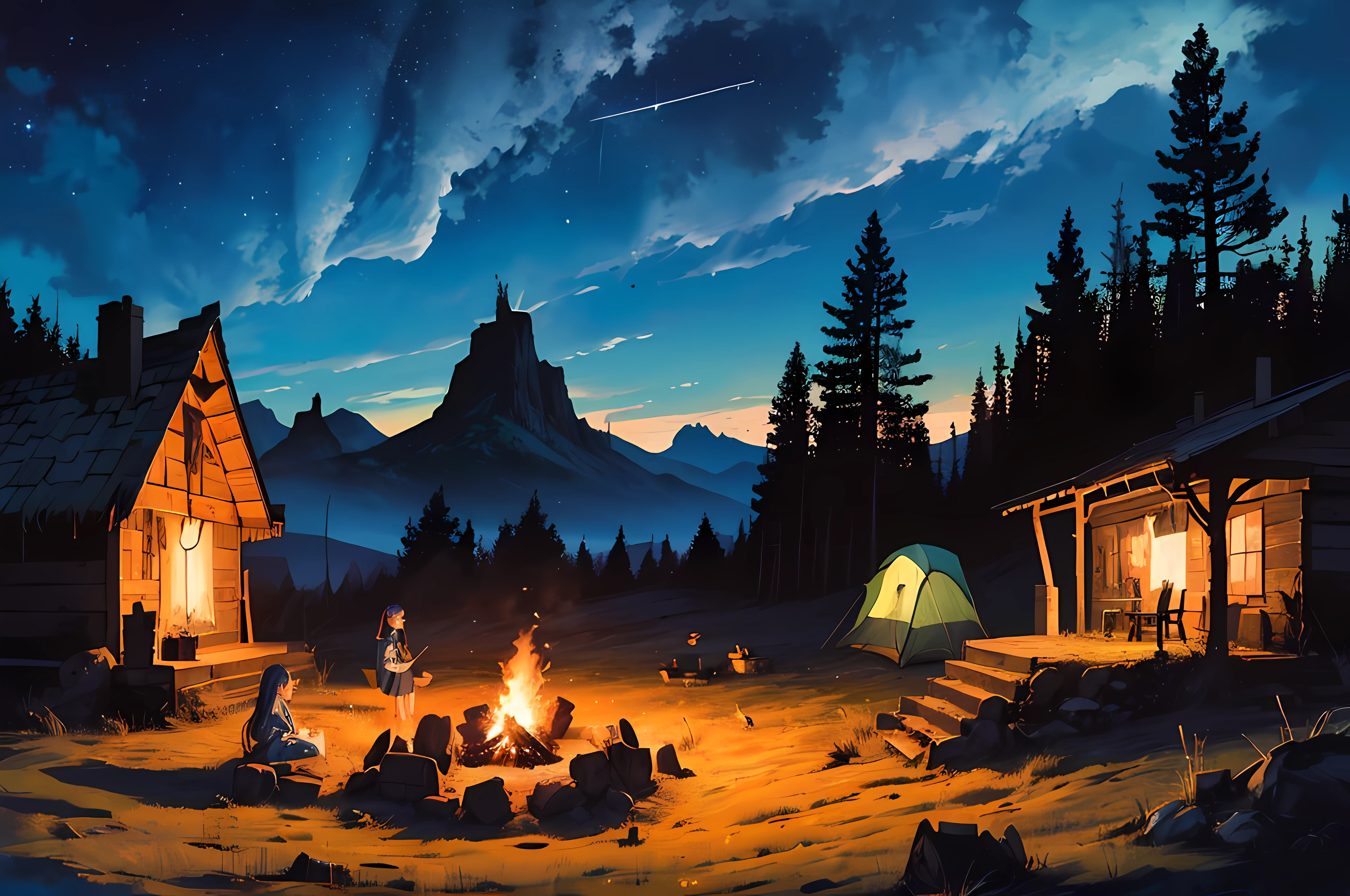 (((A mesmerizing portrayal of a European lady))) ((in a captivating scene by a campfire in a mountain campsite under a starlit sky, Mixed Media Art, Warm and Cozy Colors, Long Shot, Detailed Illustration)), ((nsfw:1)),(((outdoor))), (((charming))), (((magical))), (((fantasy-themed))), ((influenced by surrealism and nature-inspired artists)), (((wide angle))), (((high angle))), (((Masterpiece))), (((Hyper Detailed))), (showcasing the charming woman in an adorable camping outfit, the enthralling landscape, and the dreamlike starry night sky, creating a truly fantastical artistic masterpiece)." ,weapon,no_humans