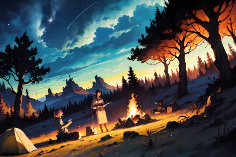 (((A mesmerizing portrayal of a European lady))) ((in a captivating scene by a campfire in a mountain campsite under a starlit s...