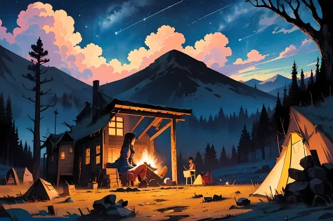 (((A mesmerizing portrayal of a European lady))) ((in a captivating scene by a campfire in a mountain campsite under a starlit s...