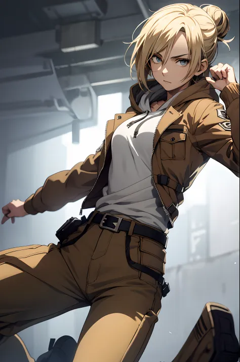annie leonhardt, anime style beautiful woman, 1girl, solo, long sleeves, closed mouth, jacket, open clothes, belt, pants, hood, grey background, hair bun, uniform, open jacket, hoodie, hood down, buckle, brown jacket, emblem, white hoodie, paradis military uniform, fighting pose, high kicking, wide shot, highest quality, high resolution.