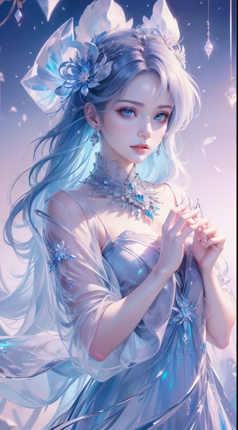 tmasterpiece，Highest high resolution，((((diamond))))，Dynamic avatar of beautiful aristocratic girl，Blue hair is elegantly coiled，，jewelery，adiamondnecklace，（((Wearing a huge cloak)))，Purple clear eyes，(((The hair is covered with beautiful and delicate flor...