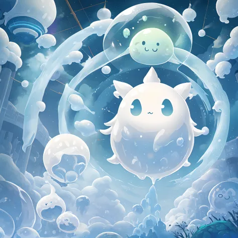 White Ghost, cute little, floating, Slime-like texture, atomic bomb