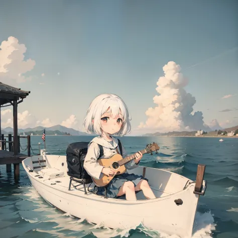 On the lake，Waves bloom，Loli,elementary student，A little girl driving a yacht，独奏, (with short white hair:1.2),