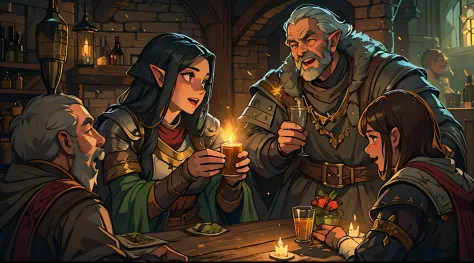 Inside a charming medieval tavern, an eclectic band of adventurers finds solace and celebration. The elven healer's serene prese...