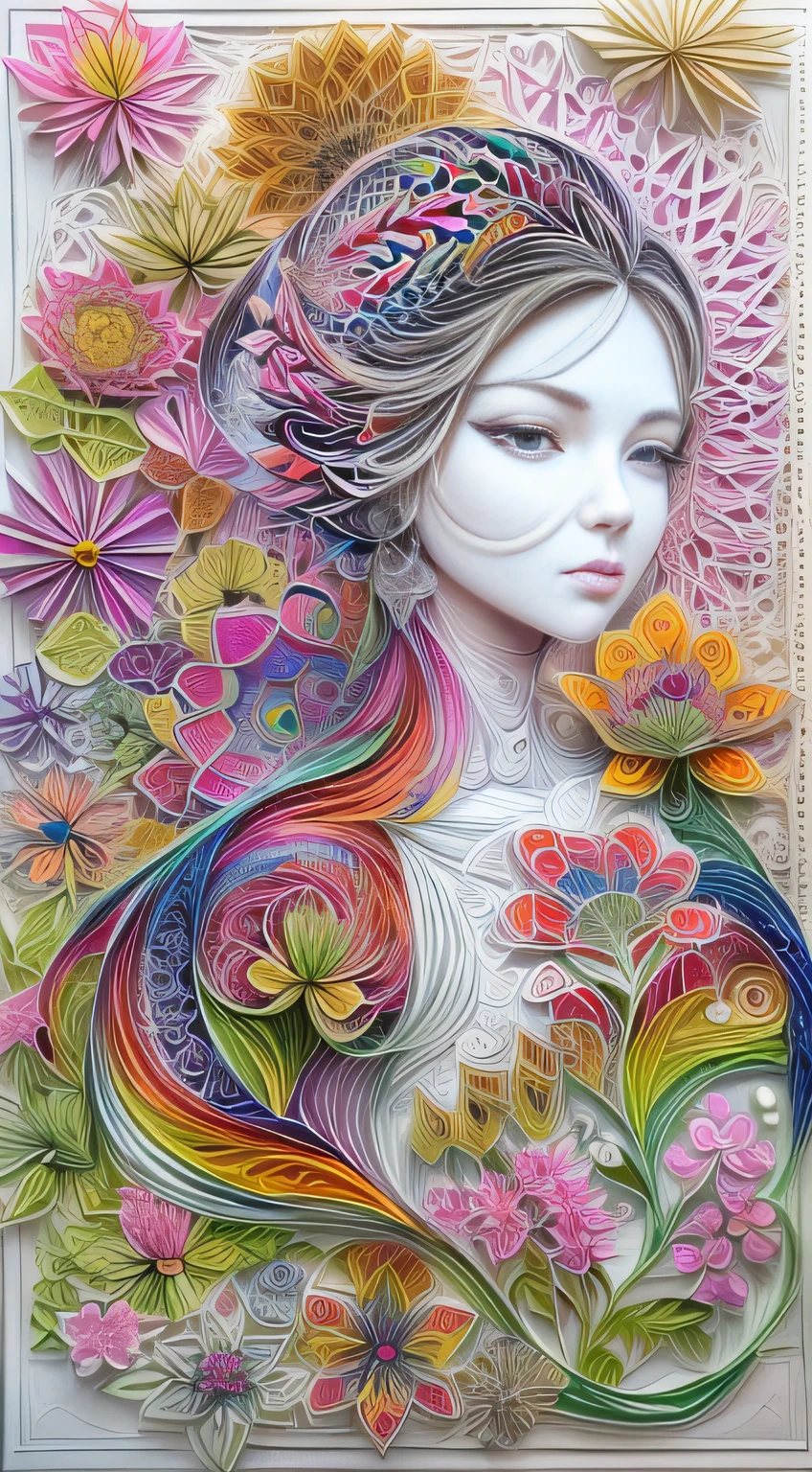 （Silueta de una hermosa mujer,Colorful Kelsang flowers)，Fondo blanco，(arte de papel, Quilted arte de papel:1.2, geometría:1.1, zentangle,una representación 3D), (Extremadamente colorido, mejor calidad, Detalles detallados, Obra maestra, arte oficial, efecto de luz de película, 4k)