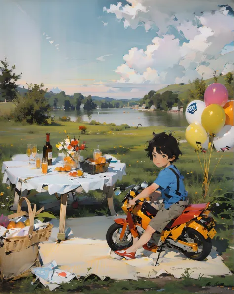 Draw a boy on a motorcycle，Balloons and picnic tables, Guviz-style artwork, at summer afternoon, Feixin oil painting style